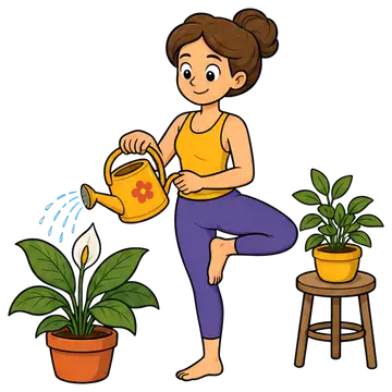 A cheerful yoga teacher is in a tree pose while watering indoor plants with a bright yellow watering can. The scene includes a flowering plant and a small potted plant on a stool, showcasing a vibrant