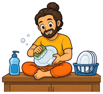 A joyful yoga teacher with long hair in a bun sits cross-legged on a kitchen counter, scrubbing a plate with a sponge. He wears a bright orange outfit and smiles while surrounded by dish soap and a c篮