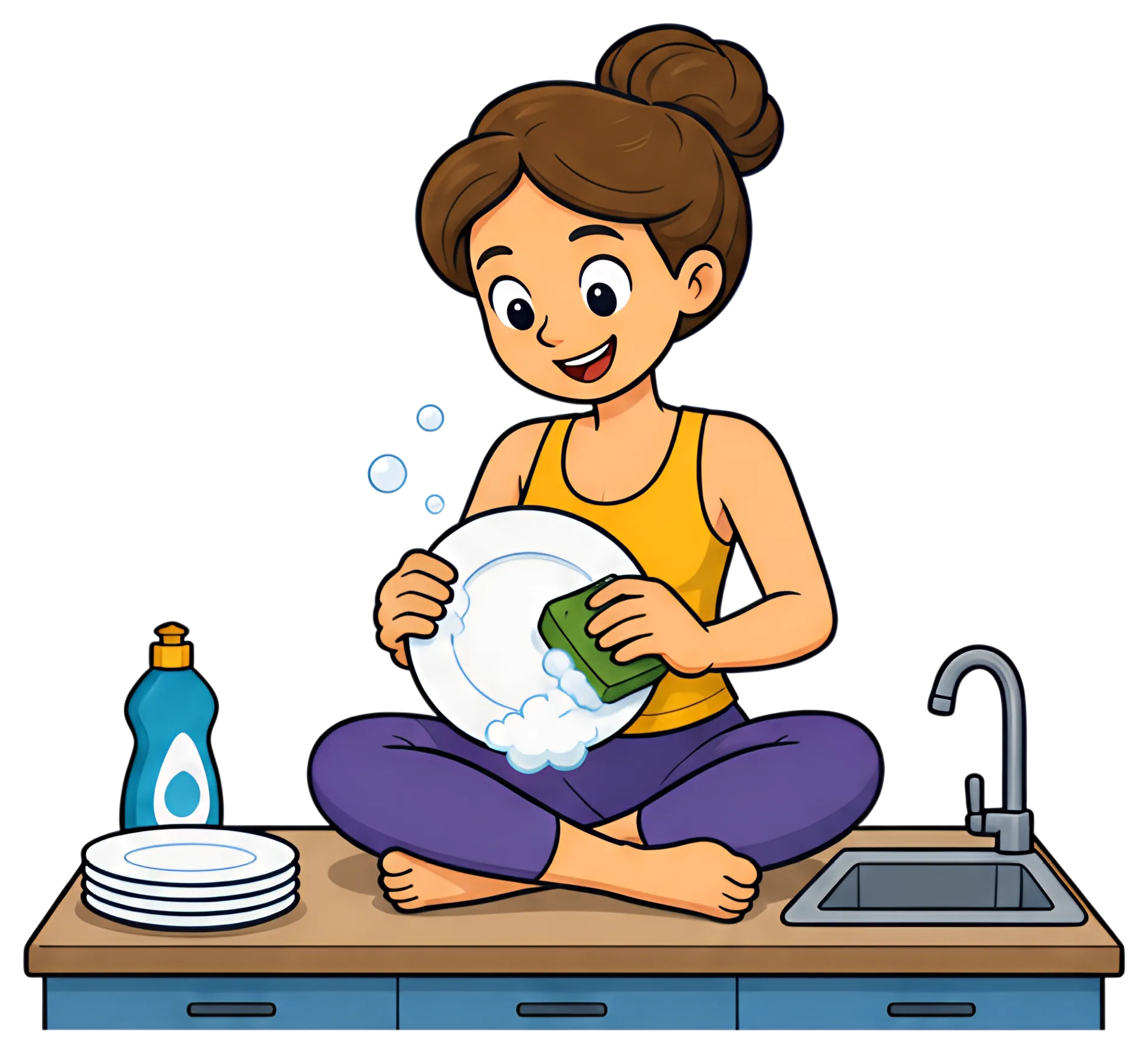 A joyful teacher in a yoga pose sits on a kitchen counter, enthusiastically washing a plate with a sponge. Bubbles are around her, and there are additional plates and a bottle of dish soap nearby, set
