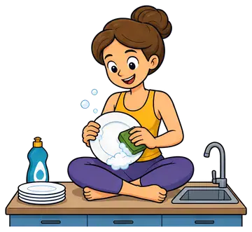 A joyful teacher in a yoga pose sits on a kitchen counter, enthusiastically washing a plate with a sponge. Bubbles are around her, and there are additional plates and a bottle of dish soap nearby, set