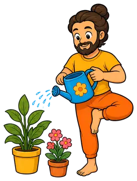 A cheerful yoga teacher in a tree pose waters indoor plants from a bright blue watering can. The scene features large green leaves, colorful flowers in pots, and a joyful expression on the teacher's顔.