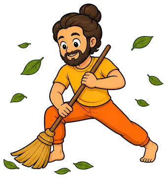 A cheerful yoga teacher in a warrior pose is sweeping the floor with a broom, surrounded by floating green leaves. The teacher wears a bright yellow shirt and orange pants, showing a playful and energ