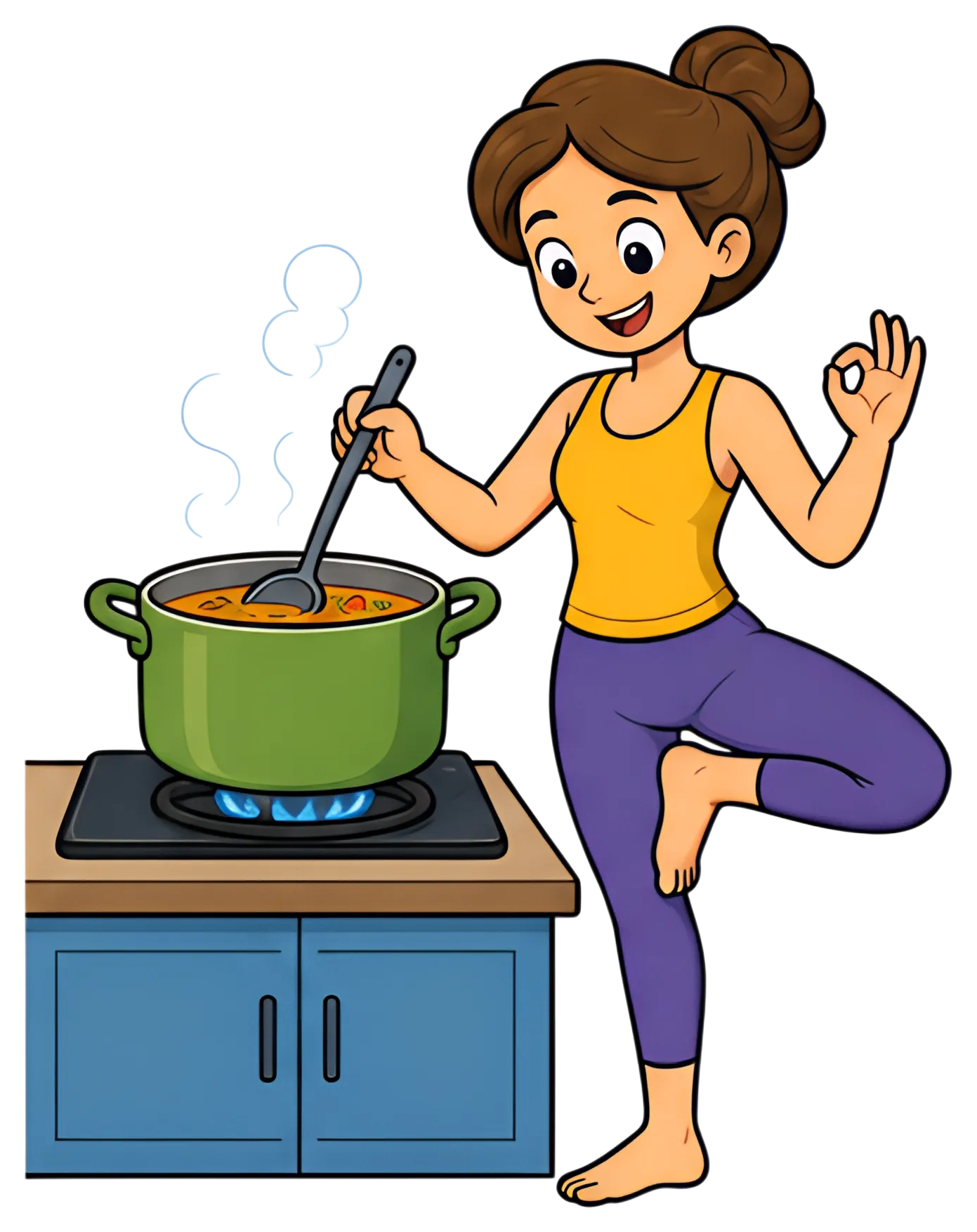 A cheerful yoga teacher stands on one leg, stirring soup in a green pot on a stove. Dressed in a yellow top and purple leggings, she appears relaxed and playful, embodying a blend of cooking and yoga.