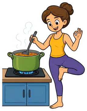 A cheerful yoga teacher stands on one leg, stirring soup in a green pot on a stove. Dressed in a yellow top and purple leggings, she appears relaxed and playful, embodying a blend of cooking and yoga.