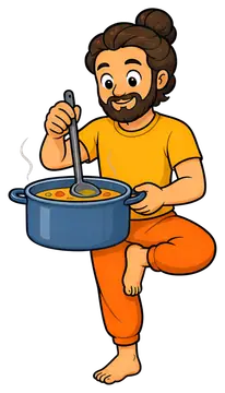 A cheerful yoga teacher balances on one leg while stirring soup in a blue pot with a spoon. He wears an orange pair of pants and a yellow shirt, with steam rising from the pot, showcasing a playful, j
