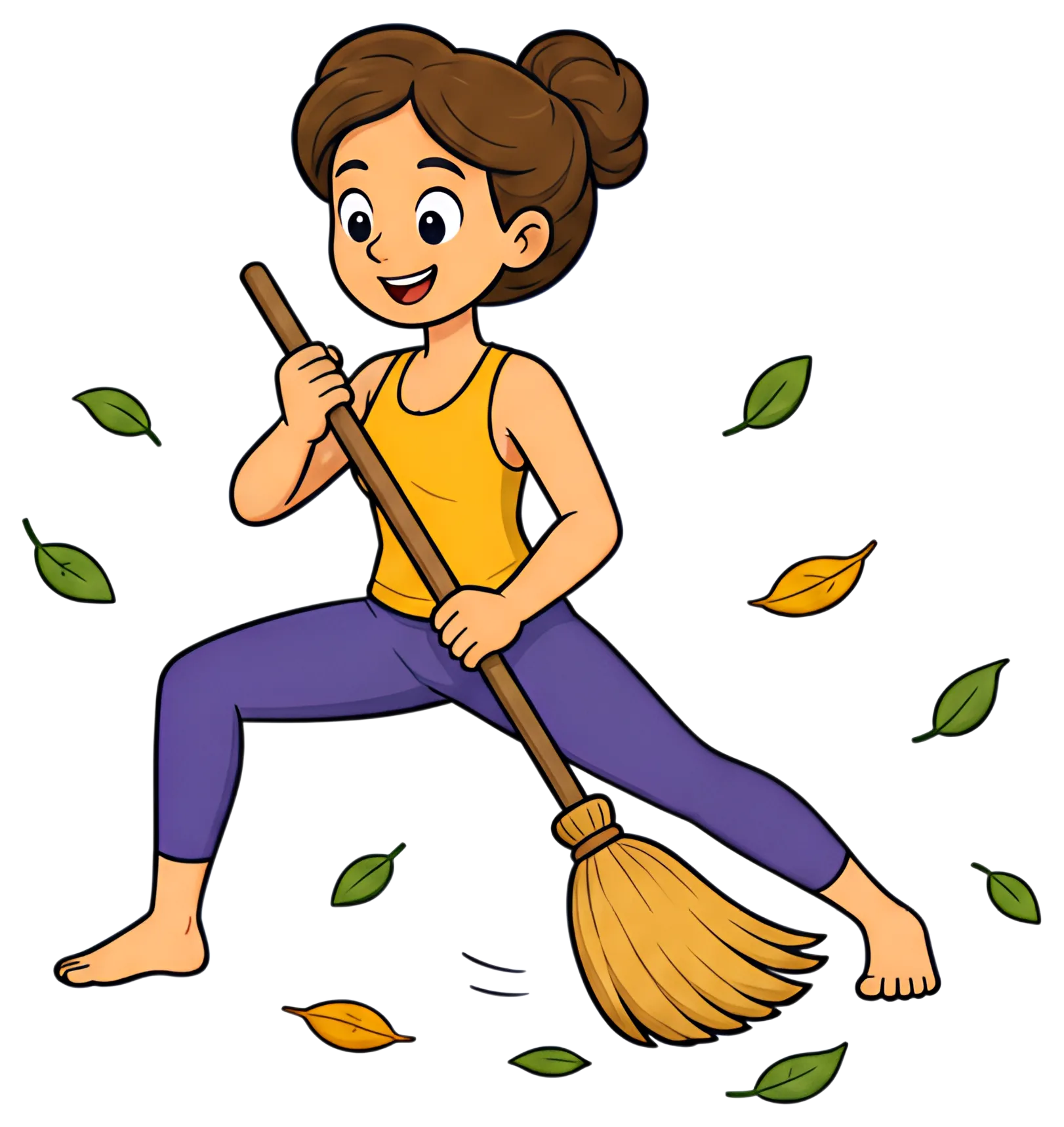A cheerful yoga teacher in a warrior pose is energetically sweeping the floor with a broom, surrounded by floating green and yellow leaves. The character wears a yellow top and purple pants, embodying