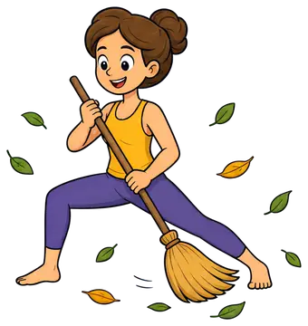 A cheerful yoga teacher in a warrior pose is energetically sweeping the floor with a broom, surrounded by floating green and yellow leaves. The character wears a yellow top and purple pants, embodying