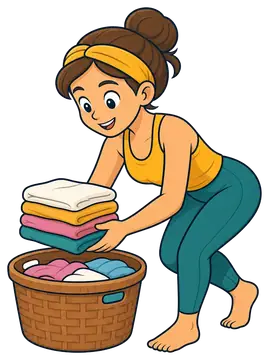 A cheerful yoga teacher in a yellow tank top and teal leggings bends over, stacking freshly laundered clothes into a wicker basket. The clothes are in various colors, including white, pink, and teal,,