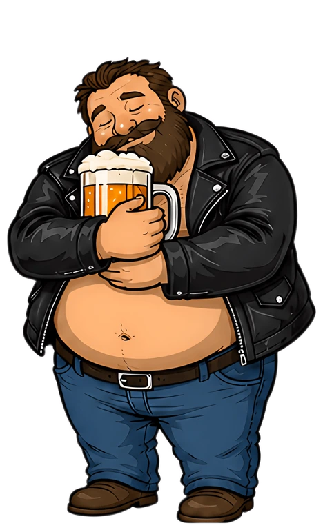 A cheerful bearded man with an oversized belly is happily embracing a pint of beer. He is wearing a black leather jacket and blue jeans, with a joyful expression while enjoying his drink, set againsta