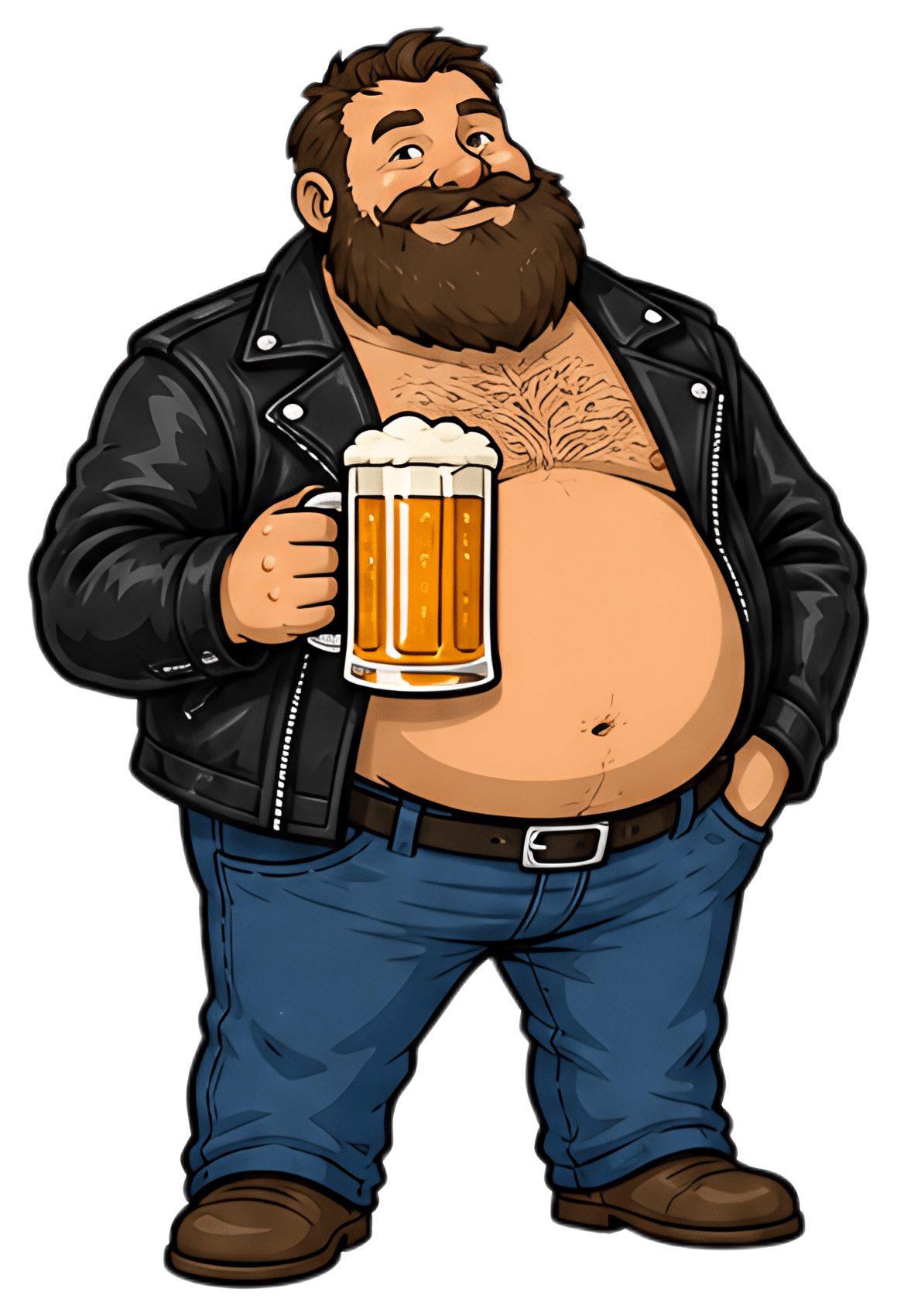 A thick, bearded man with a large belly stands confidently in a black leather jacket and blue jeans, holding a frosty beer mug. His casual stance and cheerful expression add a playful vibe to the rich