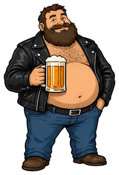 A thick, bearded man with a large belly stands confidently in a black leather jacket and blue jeans, holding a frosty beer mug. His casual stance and cheerful expression add a playful vibe to the rich