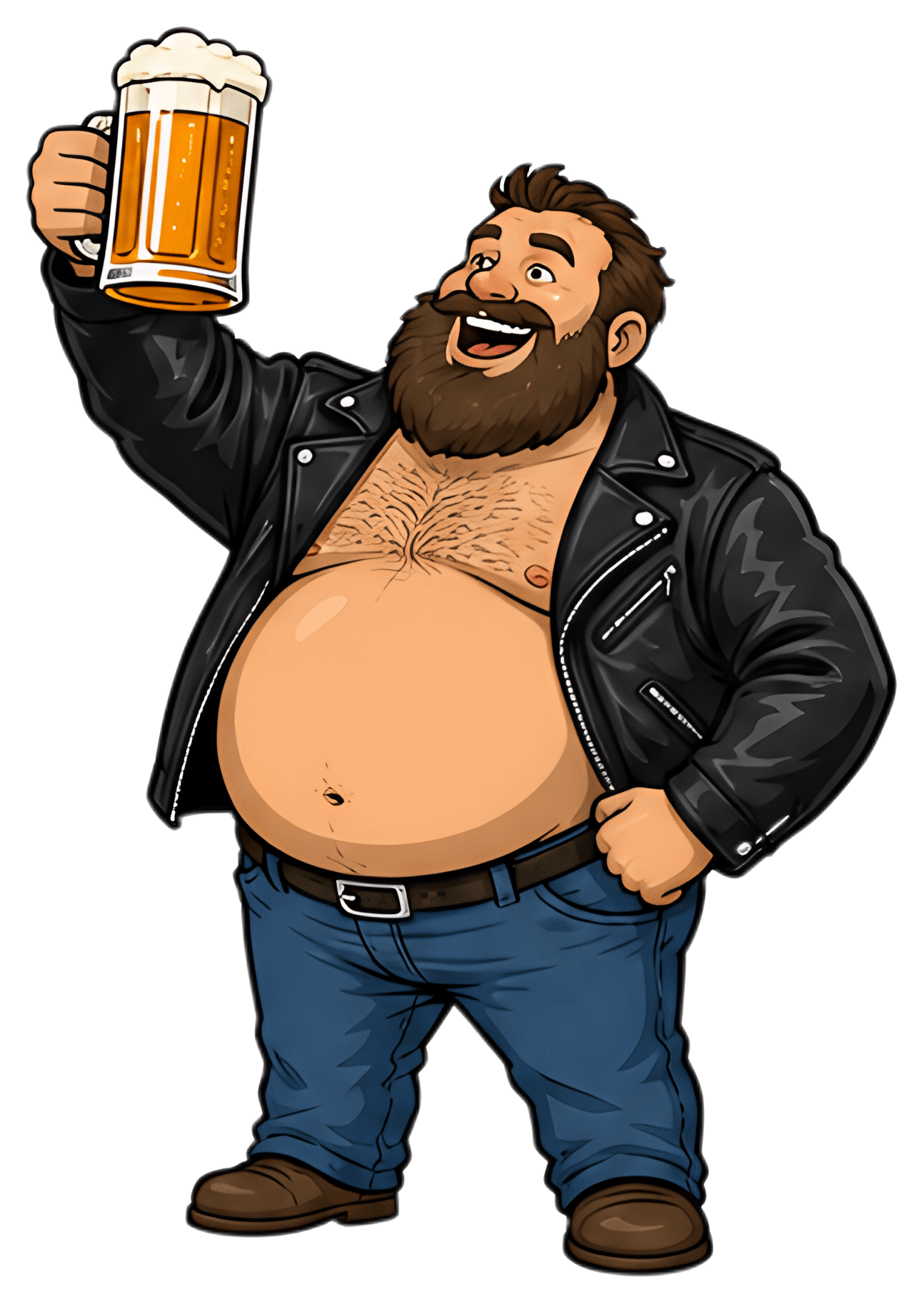 A jovial bearded man with a belly is wearing a leather jacket and denim jeans, raising a large mug of beer in a toast. His happy expression and relaxed posture convey a festive atmosphere, with a warm