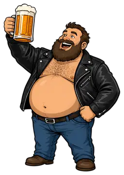A jovial bearded man with a belly is wearing a leather jacket and denim jeans, raising a large mug of beer in a toast. His happy expression and relaxed posture convey a festive atmosphere, with a warm