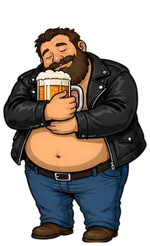 A cheerful bearded man with an oversized belly is happily embracing a pint of beer. He is wearing a black leather jacket and blue jeans, with a joyful expression while enjoying his drink, set againsta
