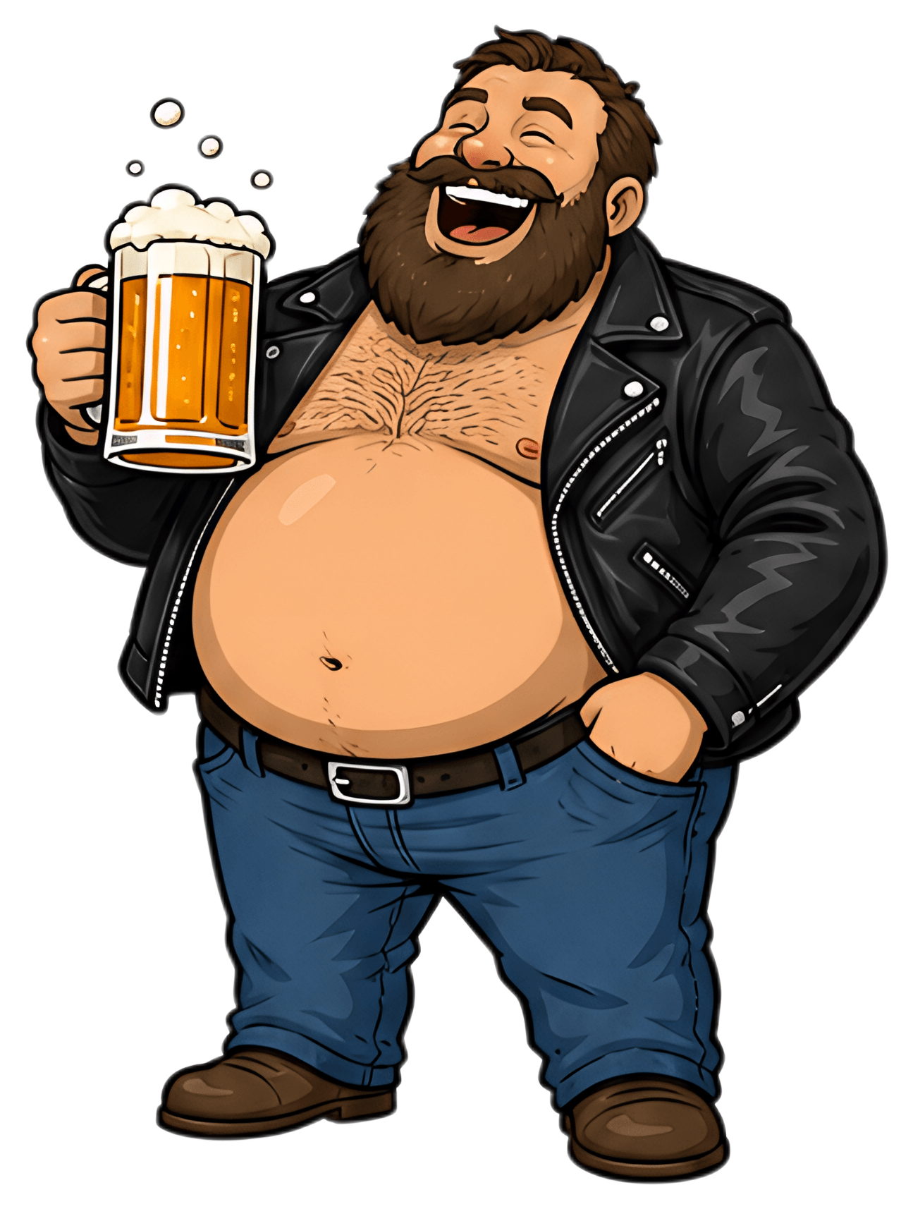 A jovial, bearded man in a leather jacket and blue jeans holds a frothy beer mug, laughing heartily. He has a round belly, showcasing a cheerful and carefree demeanor, with a few bubbles floating from