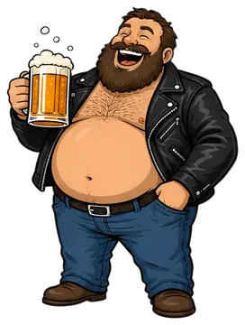 A jovial, bearded man in a leather jacket and blue jeans holds a frothy beer mug, laughing heartily. He has a round belly, showcasing a cheerful and carefree demeanor, with a few bubbles floating from