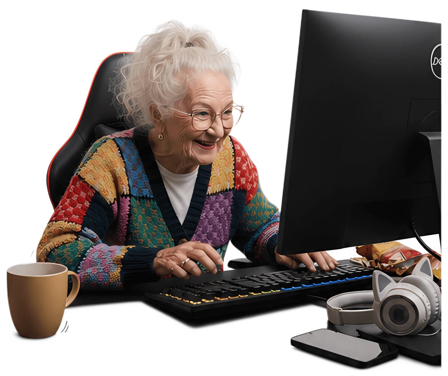 A cheerful grandmother is focused on playing Dota on her computer, wearing a colorful patchwork sweater and headphones. Her desk features a vibrant keyboard, a cup of coffee, and some snacks, creating
