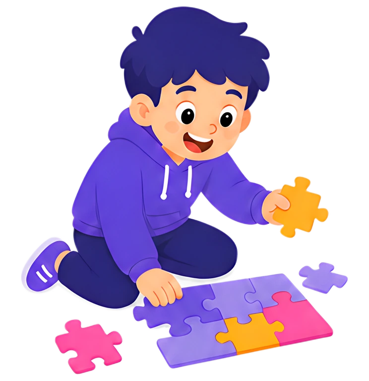 A cheerful child wearing a purple hoodie sits on the floor, happily putting together a colorful puzzle. The puzzle pieces in shades of purple and pink, along with an orange piece, are scattered around