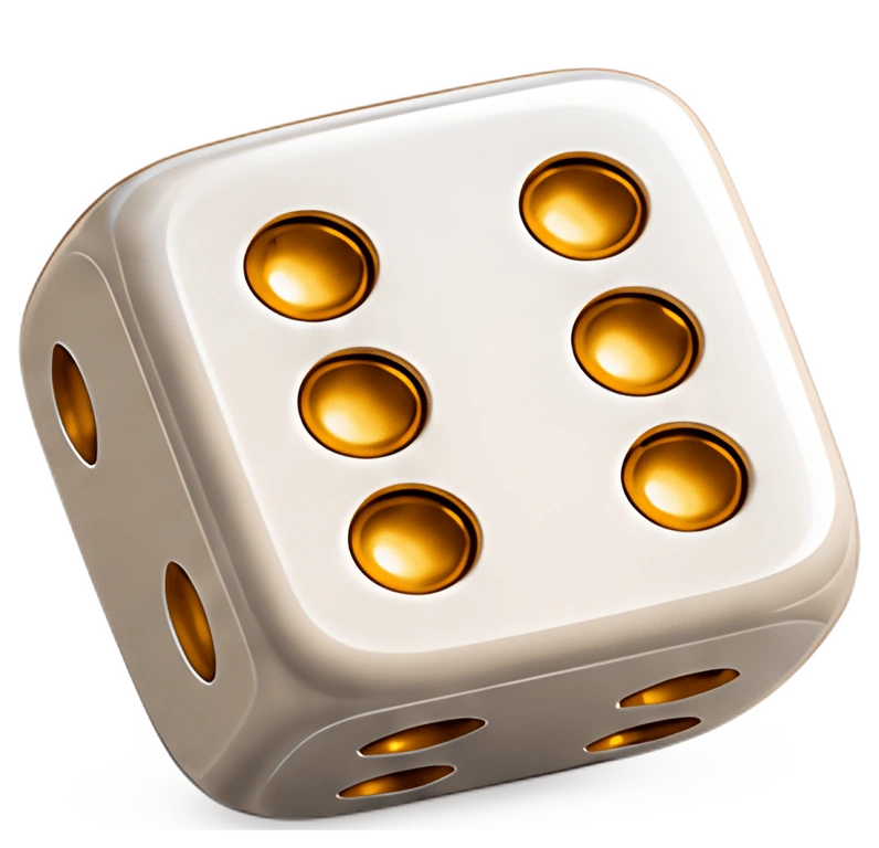 A close-up view of a white dice featuring a six on its face, with golden pips contrasting against the smooth surface. The die is shown at a slight angle, highlighting its rounded edges and shiny sheen