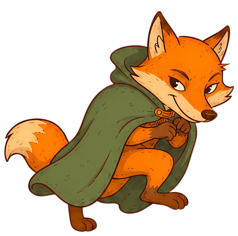 A sly fox wearing a green cloak poses with a mischievous smile. The fox has bright orange fur with a white underbelly and a bushy tail, crouching playfully as if sneaking through the forest.