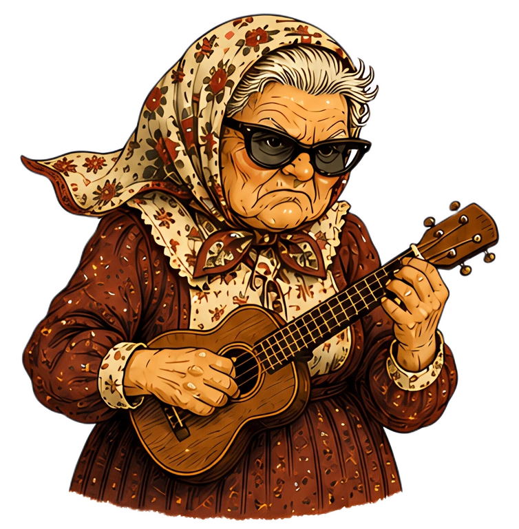 A grumpy old woman with glasses and a floral scarf scowls while playing a tiny ukulele. She wears a rich brown dress with floral patterns, emphasizing her displeasure in a whimsical manner.