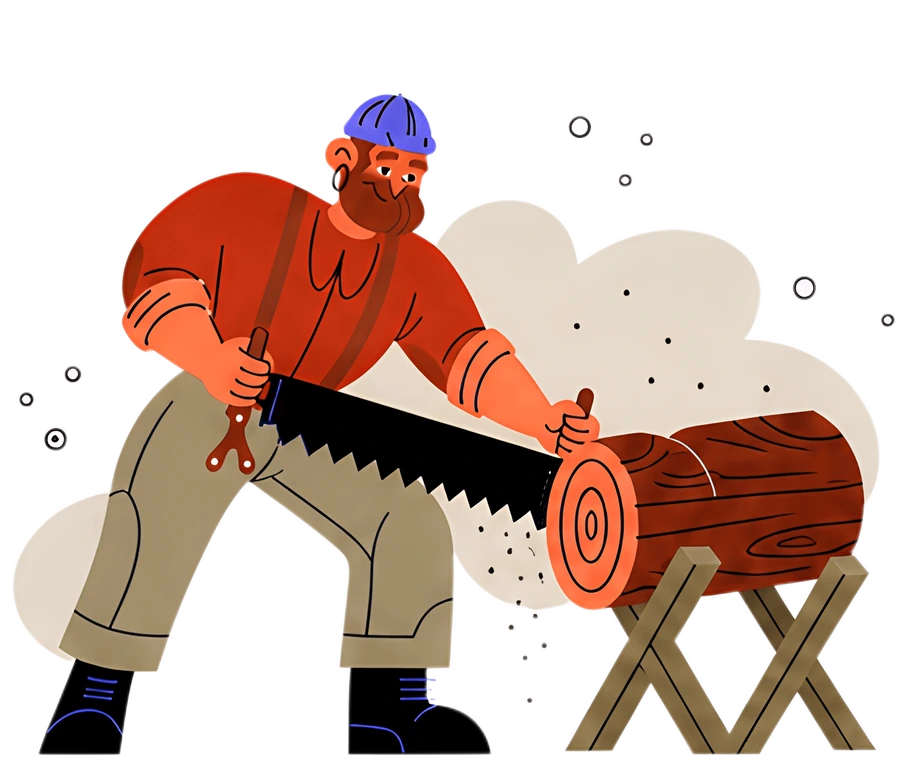 A lumberjack is actively sawing a log with a two-handed saw, wearing a blue cap and a red shirt. The scene showcases the log resting on a sawhorse, with stylized background elements that add a dynamic