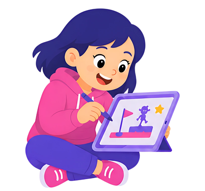 A cheerful girl with short dark hair is sitting and drawing a game on her tablet. She is wearing a pink hoodie and has a blue pen in hand, focusing on the colorful image displayed on the tablet that包含