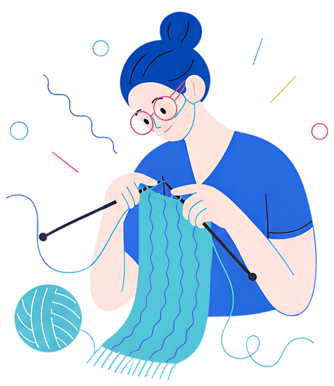 A person is intently knitting a textured scarf with two needles, actively focused on their work. They hold soft turquoise yarn in their hands, surrounded by playful, colorful swirls and shapes that ev