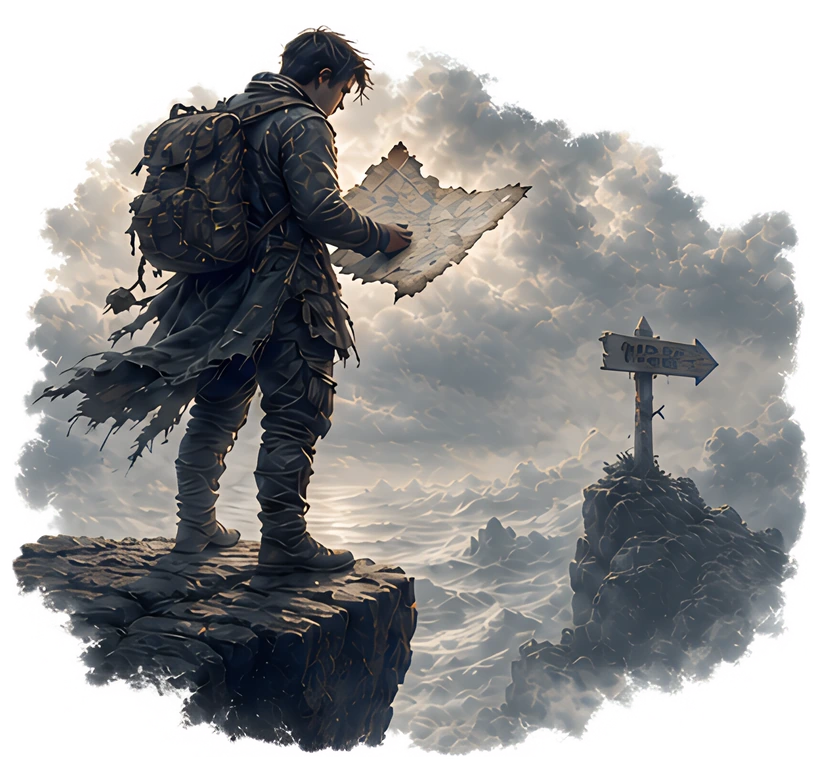 A traveler stands on the edge of a cliff, examining a torn map in his hands. Beside him is a misty signpost marked '404', with a dramatic sky swirling in the background, enhancing the sense of mystery