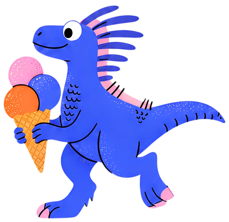 A playful blue velociraptor is cheerfully holding an ice cream cone with three scoops: pink, orange, and blue. The dinosaur's spiky crest adds a charming touch to its friendly demeanor, showcasing a w