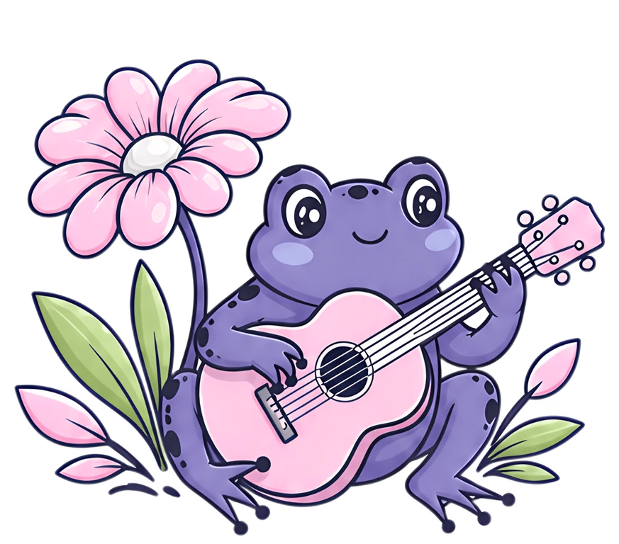 A cute purple frog is joyfully playing a pink guitar, sitting beside a large, pink flower. The scene has a whimsical and cheerful vibe, enhanced by soft pastel colors.