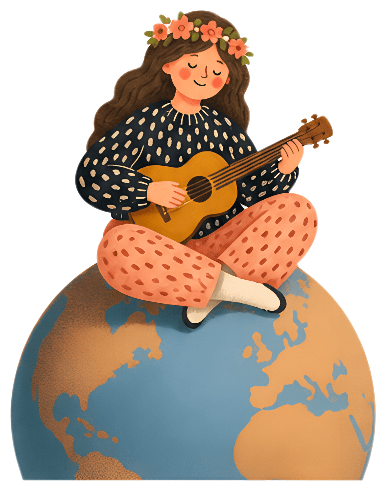 A cheerful woman with a flower crown sits comfortably on a globe, strumming a small guitar. She wears a patterned sweater and loose-fitting pants, showcasing a warm and playful color palette that adds