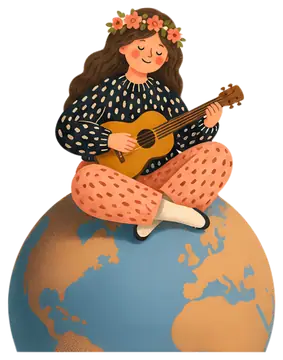Woman Playing Guitar on a Globe