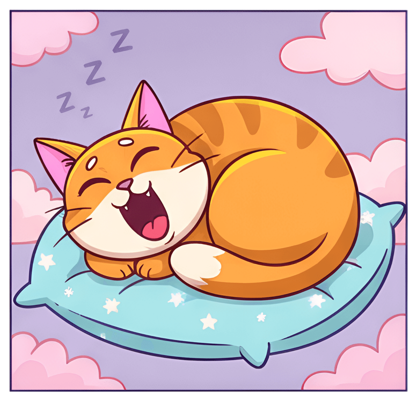 A cheerful orange cat is curled up on a light blue pillow, yawning with its mouth wide open. The background features soft pink clouds, adding to the cozy atmosphere of the scene.
