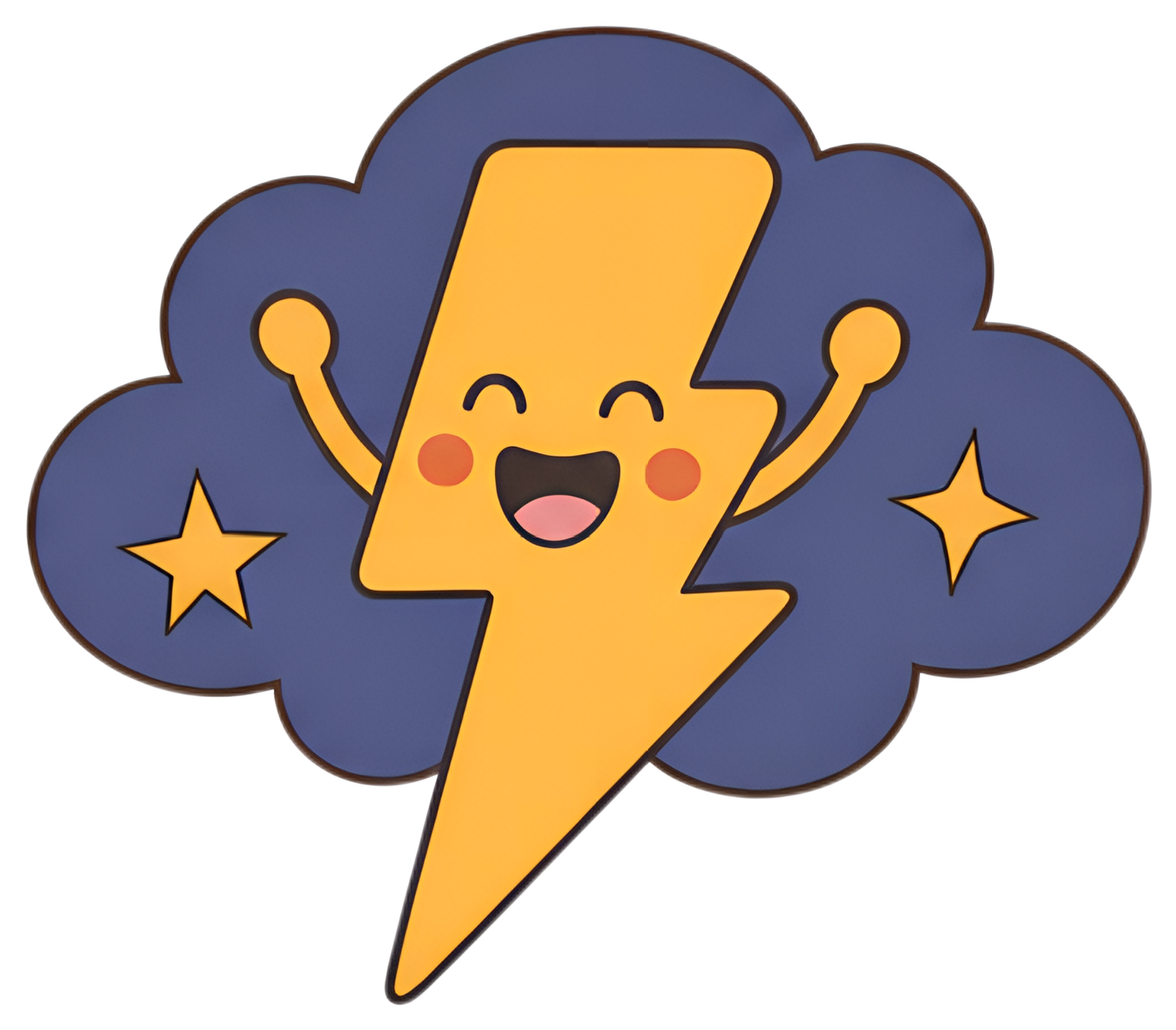 A cheerful lightning bolt with a big smile and rosy cheeks stands proudly with its arms raised, set against a fluffy blue thundercloud. The vibrant colors include a bright yellow bolt and a soft blue,