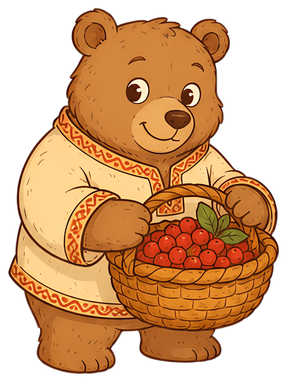 A friendly bear wearing a traditional outfit holds a basket filled with red berries. The bear has a warm smile, and the basket features a few green leaves among the berries, set against a simple, well