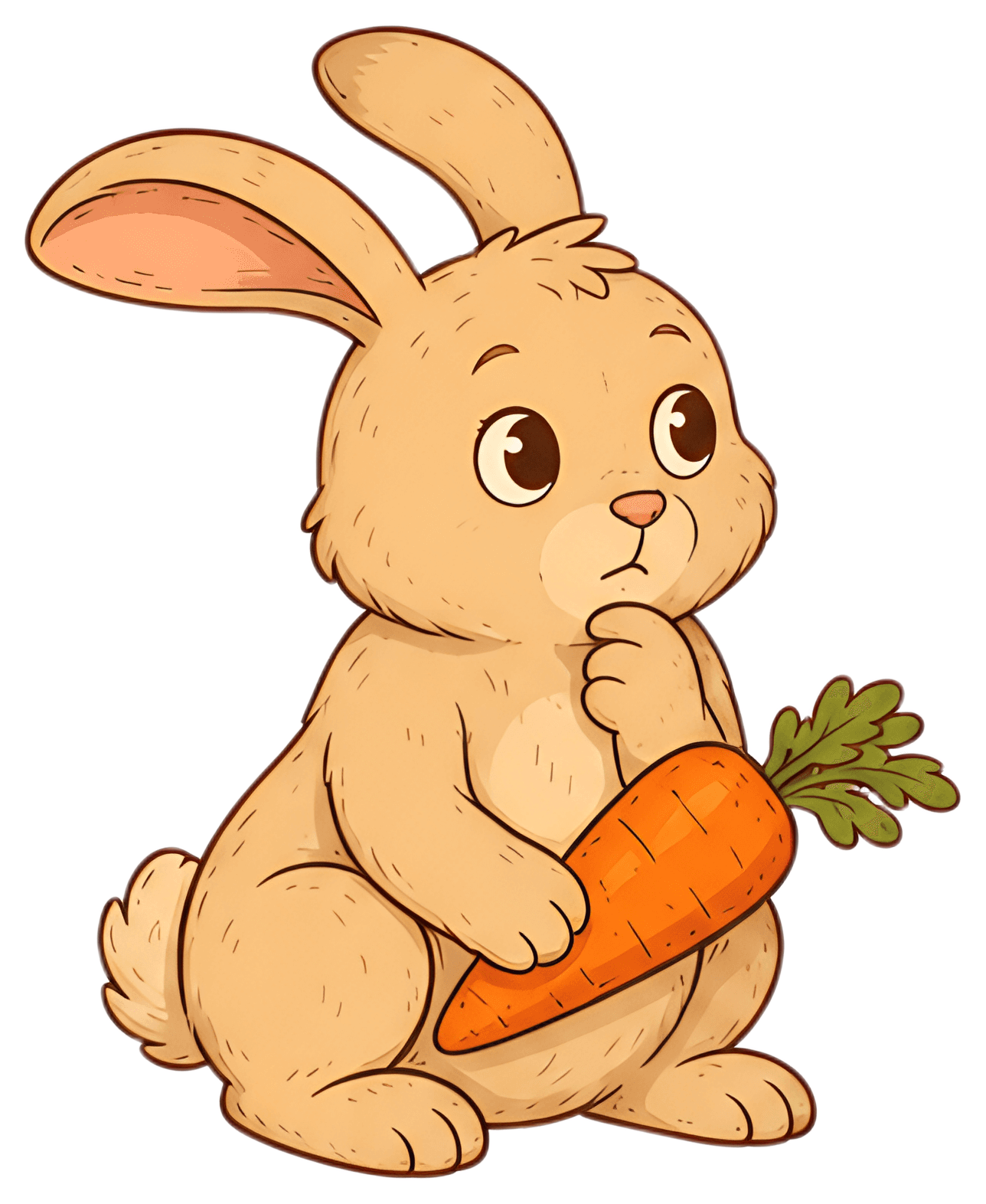 A cute, thoughtful rabbit sits with a carrot in its hands, its finger on its chin as if pondering. The rabbit has soft, light brown fur with large expressive eyes and a small nose, set against a plain