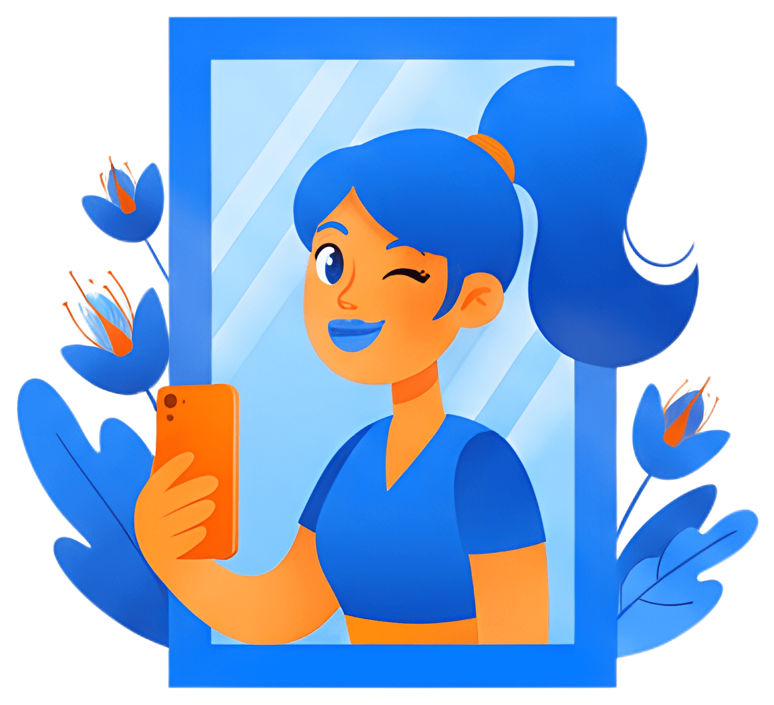 A girl with blue hair and bright blue lips winks joyfully while holding a smartphone in front of a mirror. Surrounding her are stylized blue flowers, adding vibrant touches to the playful scene.