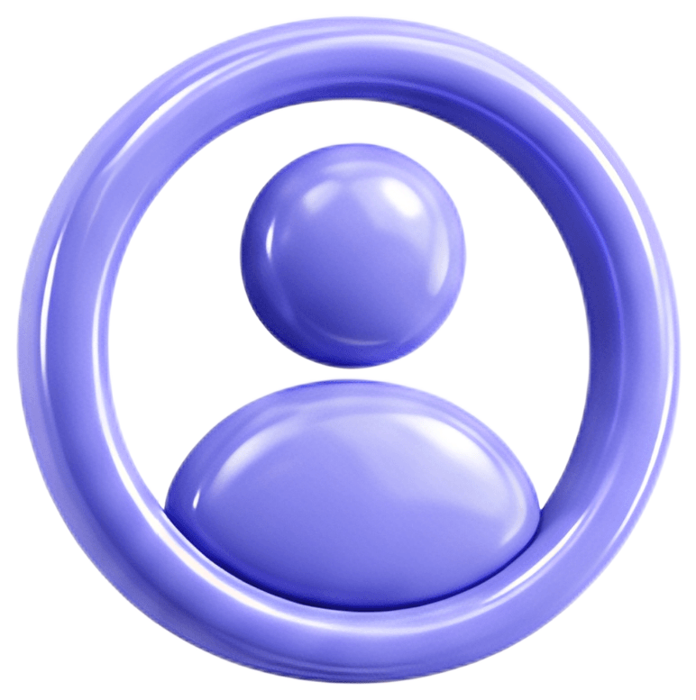 A three-dimensional user profile icon featuring a circular shape with a prominent avatar-style figure inside. The design uses a glossy purple hue and includes subtle light reflections to emphasize its