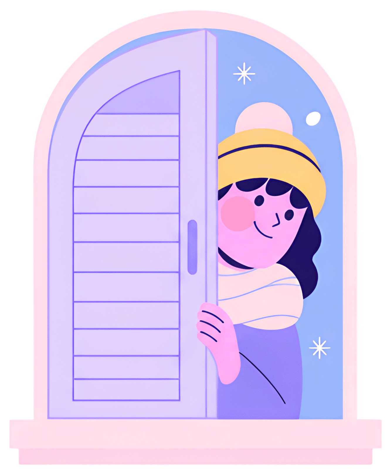 A cheerful person with a yellow hat and striped scarf peeks out from behind a half-open window. The background features a light blue color with decorative snowflakes, enhancing the warm and inviting,冬