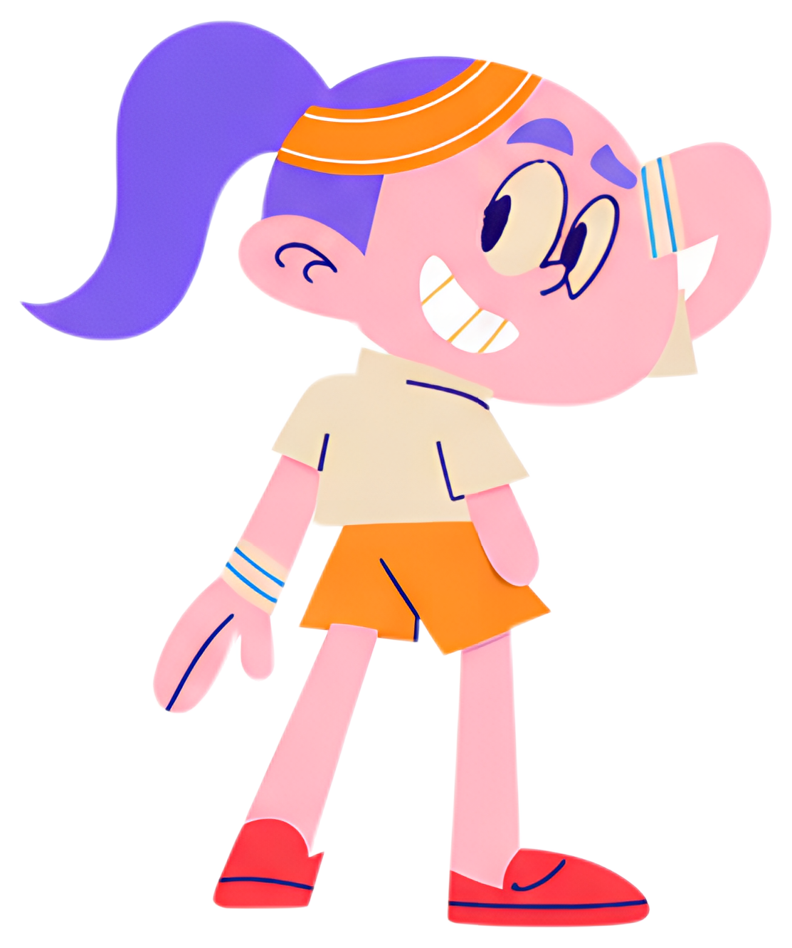 A cheerful character with a pink complexion, vibrant orange shorts, and a light-colored shirt is looking back over their shoulder with a smile. Their hair is styled in a playful ponytail with purple,,