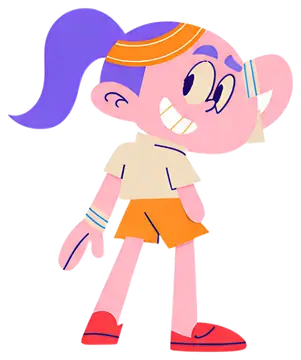 A cheerful character with a pink complexion, vibrant orange shorts, and a light-colored shirt is looking back over their shoulder with a smile. Their hair is styled in a playful ponytail with purple,,