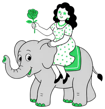 Woman in Dress Riding Elephant with Rose