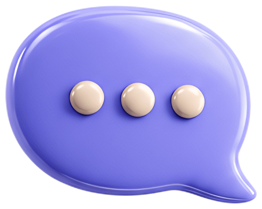 A glossy 3D chat bubble in soft purple with three beige dots placed inside. The bubble features a smooth, rounded design and a gentle shadow underneath, giving it a lifted appearance.