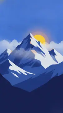 Snow-covered mountain peaks rise majestically against a blue sky, illuminated by the sun emerging from behind. Soft clouds and a hint of morning mist enhance the serene atmosphere of the landscape.