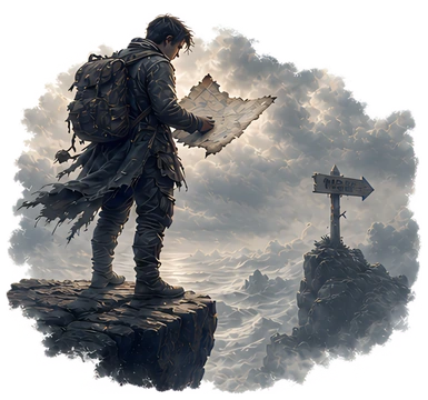 A traveler stands on the edge of a cliff, examining a torn map in his hands. Beside him is a misty signpost marked '404', with a dramatic sky swirling in the background, enhancing the sense of mystery