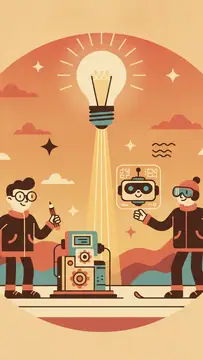 A vibrant illustration featuring a light bulb emitting rays of light, with two characters engaged in creativity. One character holds a pencil while the other gestures towards a robot. Warm tones and a