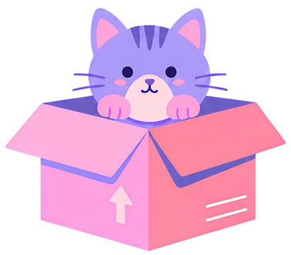 Cute purple cat peeking from a pink box