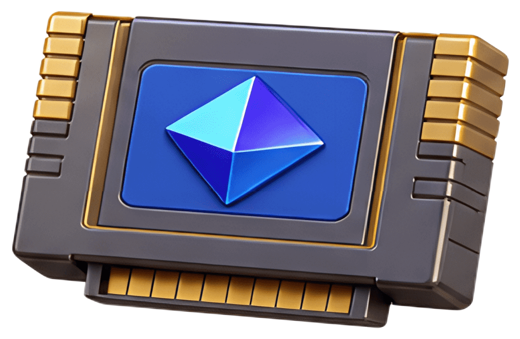 A stylized game cartridge featuring a blue logo in the center, set against a dark gray casing with gold accents along the sides. The design emphasizes a modern and sleek aesthetic.