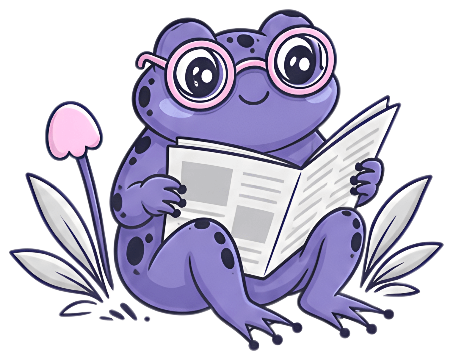 A cute purple frog with polka dots and large pink glasses sits comfortably while reading a newspaper. The scene includes stylized green leaves and a pink floral element, enhancing its whimsical appeal